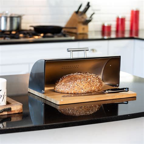 stainless steel bread box with cutting board|stainless steel countertop bread box.